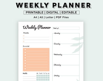 Editable Weekly Planner | Printable Vertical | To Do List | Weekly Schedule | Fillable | Weekly Planner iPad | Digital [A5, A4, Letter] PDF