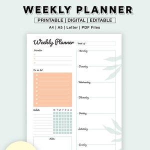 Editable Weekly Planner | Printable Vertical | To Do List | Weekly Schedule | Fillable | Weekly Planner iPad | Digital [A5, A4, Letter] PDF