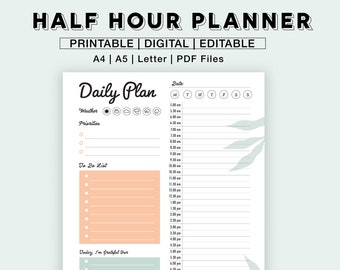 Half Hour Daily Planner Schedule | Printable Daily Planner, To Do List Editable Daily Planner, Daily Checklist, Task List, Work Day Schedule