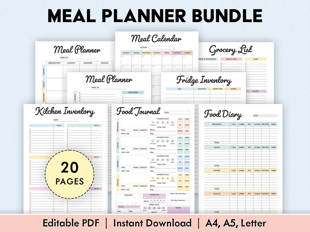 Editable Meal Planner BUNDLE | Weekly Meal Planner Template, Grocery ...