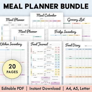 May include: A printable meal planner bundle with 20 pages. The bundle includes a meal planner, meal calendar, grocery list, fridge inventory, kitchen inventory, food journal, and food diary. The pages are in a pastel colour scheme with light blue, pink, and yellow accents. The text "Editable PDF | Instant Download | A4, A5, Letter" is at the bottom of the image.