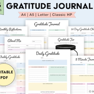 Gratitude Journal Printable Bundle | Editable, Digital PDF | Wellness Journal, Daily Gratitude Template, Self Care Planner, Mindfulness Log