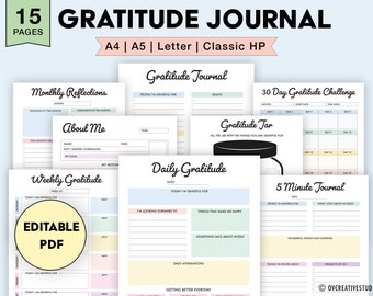 Gratitude Journal Printable Bundle | Editable, Digital PDF | Wellness Journal, Daily Gratitude Template, Self Care Planner, Mindfulness Log