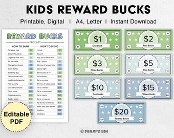 Editable Kids Reward Bucks | Printable | Mom Bucks, PDF Reward System For Kids | Chore Bucks, Good Behavior Bucks, Play Money, Pretend Money