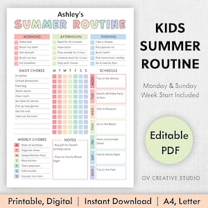 May include: A colorful printable summer routine chart for kids, featuring daily and weekly chores, a schedule, and notes. The chart includes the text "Ashley's Summer Routine" and "Editable PDF". The chart is designed for A4 and Letter sizes.