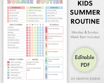 Utskrivbar sommarplanerare för barn | Sommarveckorutiner | Barnens sysslor, sommarschema, sommarchecklista | Sommaraktivitetsplanerare