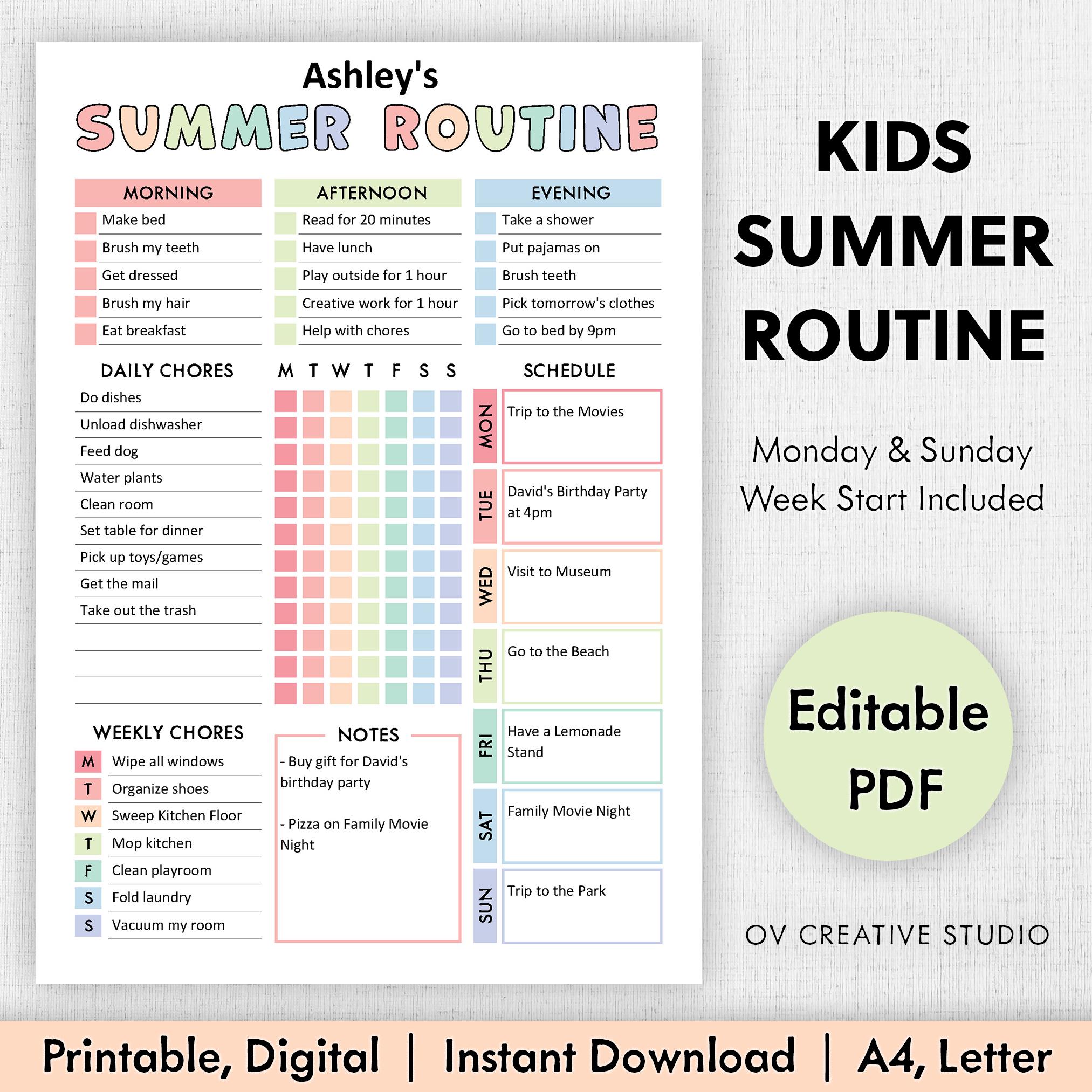 Summer Planner for Kids Printable | Summer Weekly Routine | Kids Chore Chart, Summer Schedule, Summer Checklist | Summer Activity Planner