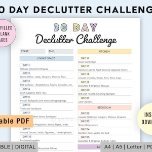 Editable Declutter Challenge Planner | Printable, Digital | 30 Day Declutter Challenge | Declutter Checklist Printable, Decluttering Planner