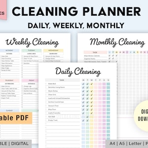 Bewerkbaar reinigingsschema | Afdrukbare | Schoonmaak Checklist | Dagelijkse wekelijkse maandelijkse schoonmaakplanner | Klusdiagram Afdrukbare | Digitale PDF