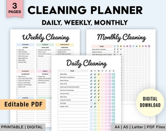 Bewerkbaar reinigingsschema | Afdrukbare | Schoonmaak Checklist | Dagelijkse wekelijkse maandelijkse schoonmaakplanner | Klusdiagram Afdrukbare | Digitale PDF