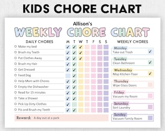 Tableau des tâches ménagères modifiable pour les enfants | Imprimable | Tableau des responsabilités quotidiennes hebdomadaires des enfants | Liste de tâches pour les enfants | Liste de contrôle de la routine quotidienne des enfants | PDF