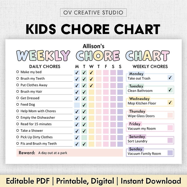 Bearbeitbare Haushaltstabelle für Kinder | Druckbar | Kids tägliche wöchentliche Verantwortung Diagramm | Kids Putzliste | Checkliste für die tägliche Routine für Kinder | PDF-Datei
