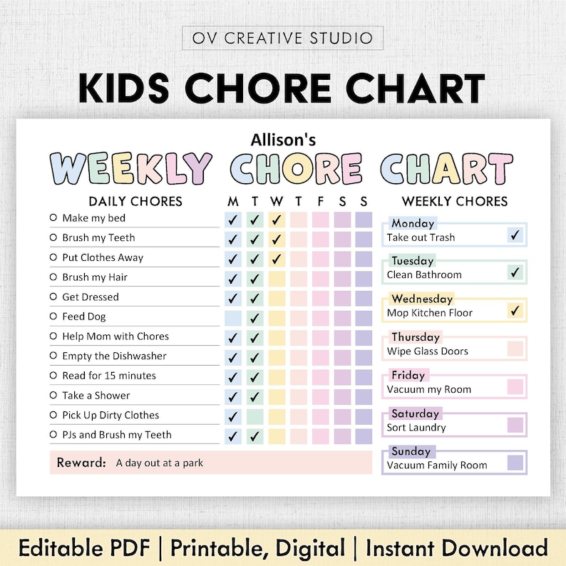 May include: A printable chore chart for kids with a colorful pastel design. The chart includes daily chores like brushing teeth and making the bed, and weekly chores like taking out the trash and vacuuming the family room. The chart is titled "Allison's Weekly Chore Chart".