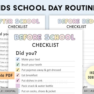 Editable Schoolday checklist for kids | Printable | Kids Chore Chart | Before School, After School, Before Bed | Kids Responsibility Chart
