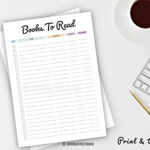 May include: Printable checklist for keeping track of books to read. The checklist has columns for the title, author, started, and finished. The checklist is on a white background with a light blue tick in the first box.