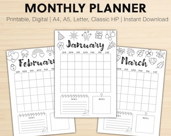 12 páginas de planificación mensual sin fecha para Bullet Journal, imprimibles, digitales, calendarios mensuales, planificadores digitales, plantillas PDF
