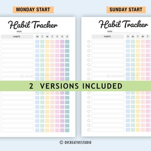 May include: Two printable habit tracker pages with a pastel rainbow colour scheme. The left page has a Monday start and the right page has a Sunday start. Each page has a section for listing habits and a grid for tracking them.