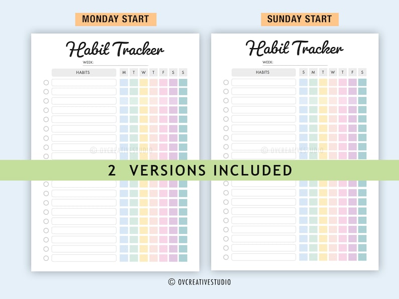 May include: Two printable habit tracker pages with a pastel rainbow colour scheme. The left page has a Monday start and the right page has a Sunday start. Each page has a section for listing habits and a grid for tracking them.