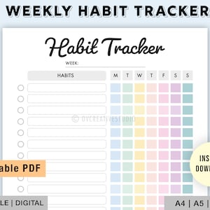 May include: A printable weekly habit tracker with a colourful grid for tracking daily habits. The tracker has a section for listing habits and a grid for marking off days of the week. The text "Habit Tracker" is written in a stylised font at the top of the page.