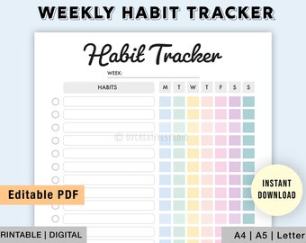 Editable Weekly Habit Tracker | Printable Habit Tracker | Daily Habit Tracker PDF | Habit Tracker Digital Download | Weekly Goal Tracker |