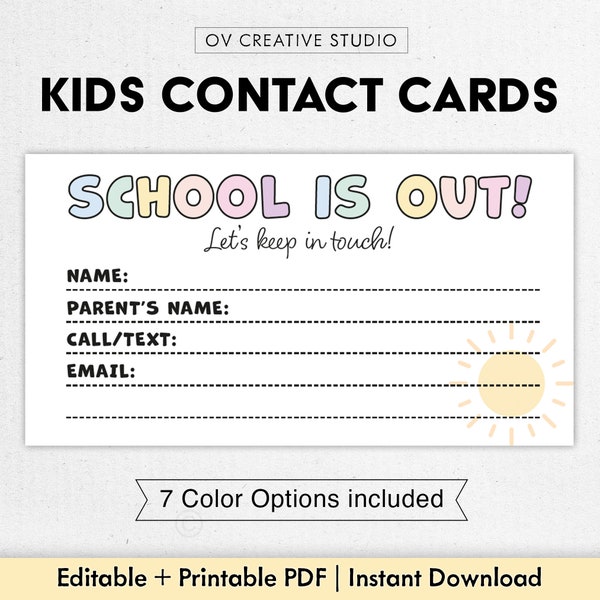 Editable Printable Summer Contact Cards, Kids Play Date Cards, Keep in touch cards, End of School Tags, School Holiday Cards, Digital PDF