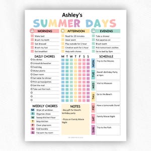 May include: A pastel-coloured summer days planner, divided into morning, afternoon, and evening sections. It includes daily and weekly chores, and a weekly schedule. The planner is titled "Ashley's Summer Days" and uses a range of soft colours.