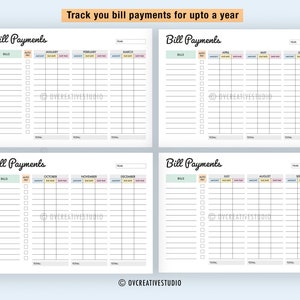 May include: A printable bill payment tracker with a light blue background and colorful headers. The tracker is divided into four sections, each covering three months of the year. Each section has a column for bills, auto pay, amount, due date, and paid date.