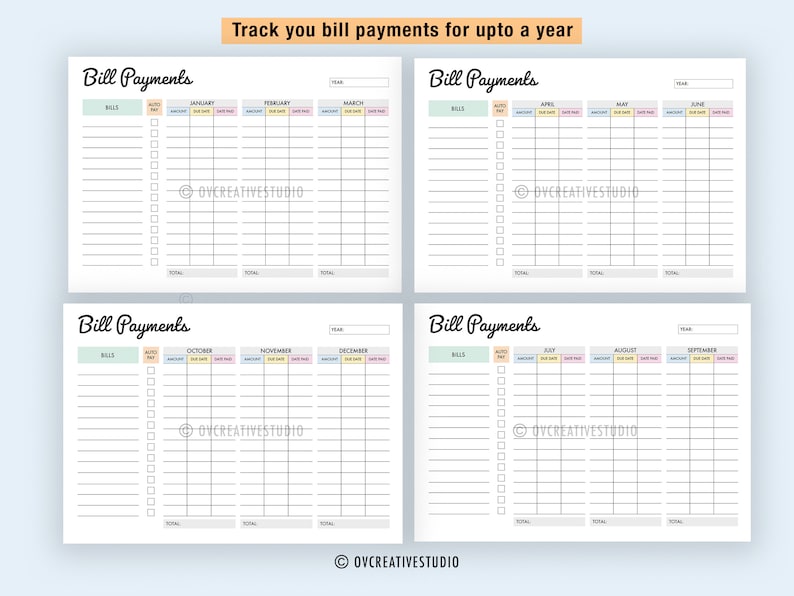May include: A printable bill payment tracker with a light blue background and colorful headers. The tracker is divided into four sections, each covering three months of the year. Each section has a column for bills, auto pay, amount, due date, and paid date.