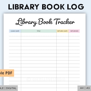Library Book Tracker | Printable Book Log | Library Book Return, Reading Tracker | Reading Log | Library Log | Digital PDF | A4, A5, Letter