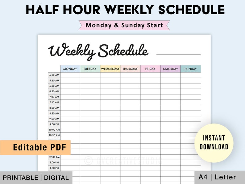 Editable Weekly Schedule Half Hour Weekly Schedule Weekly - Etsy UK