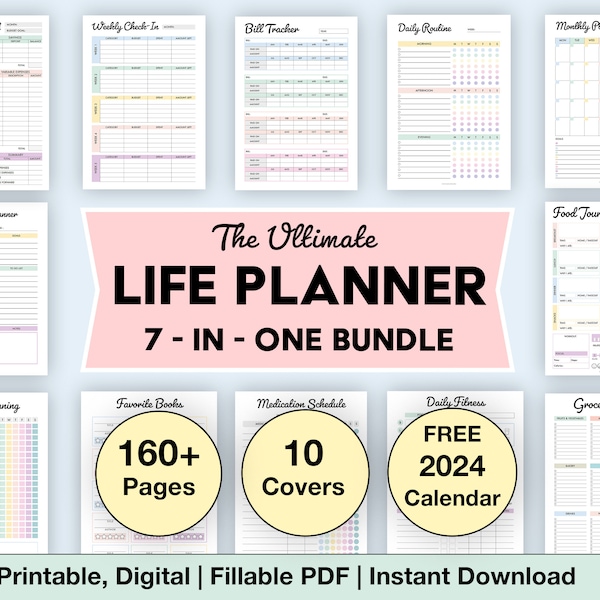 Life Planner Bundle | Printable, Digital PDF | Home Management | All In One Bundle | Personal Planner Bundle | 2024 Planner | A4, A5, Letter