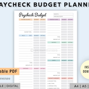 May include: A printable budget planner with a pink, blue, and green color scheme. The planner includes sections for income, bills, savings, debts, and expenses. It also includes a budget summary section. The planner is labeled "Paycheck Budget Planner" and "Editable PDF".