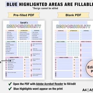 May include: A printable PDF planner with a light blue background and pink accents. The planner is titled "Responsibility" and includes sections for daily chores, weekly chores, and a weekly schedule. The planner is available in both pre-filled and blank versions.