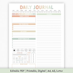 May include: A daily journal planner page featuring a calendar header, sections for today's focus, top priorities, do later, everything else, and a lined journal column. Includes icons for weather, hydration, stress, energy, mood, and productivity.