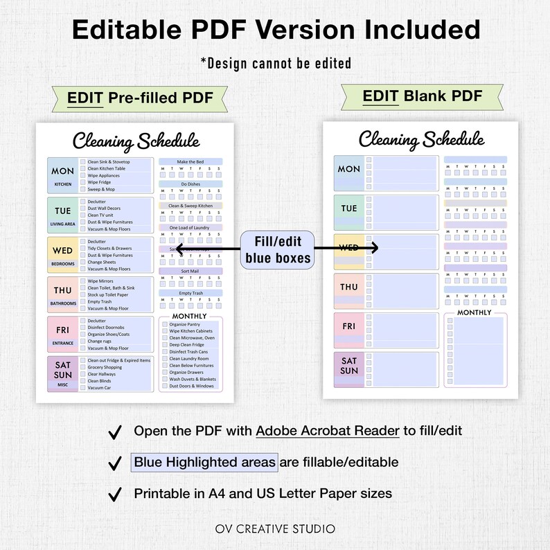 May include: A printable cleaning schedule template in PDF format. The template is divided into daily, weekly, and monthly tasks. The template is available in both pre-filled and blank versions. The template is designed to be filled in using Adobe Acrobat Reader. The template is printable in A4 and US Letter paper sizes.
