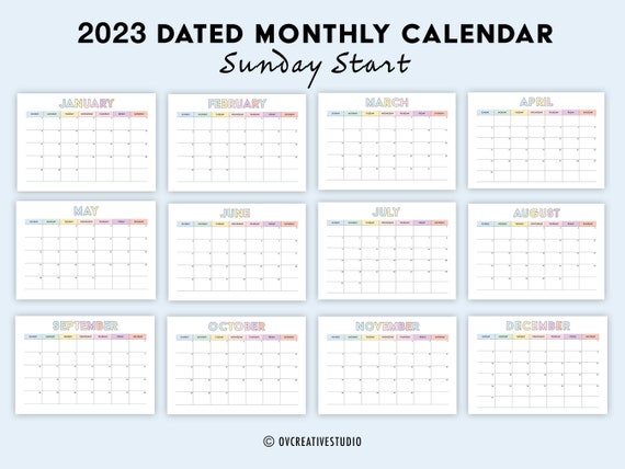 Calendrier mensuel 2023 PDF numérique imprimable Calendrier mensuel daté  Agenda mensuel Paysage Agenda mensuel 2023 Début du dimanche -  France