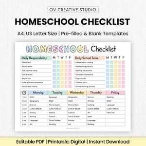 Editable Homeschool Checklist | Printable, Digital | Homeschool Planner, Daily Schedule for Kids, Schoolday Routine, Student Template | PDF