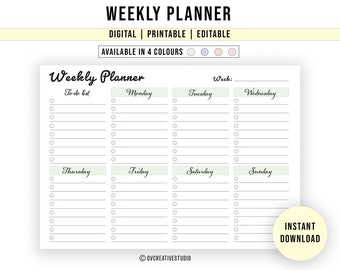 Weekly Planner - Printable, Editable PDF, Digital | To Do List | Minimalistic