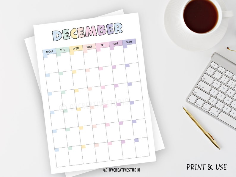 Undated Monthly Calendar, Portrait, Printable Undated Monthly Planner, Colorful Monthly Calendar Template A5, A4, Letter | Digital PDF image 4