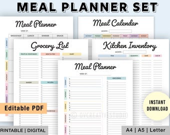 Editable Meal Planner Set | Grocery List | Printable | Meal Prep | Grocery List Template | Health Planner | Fitness | Weekly Meal Planner