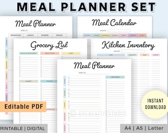 Editable Meal Planner Set | Grocery List | Printable | Meal Prep | Grocery List Template | Health Planner | Fitness | Weekly Meal Planner