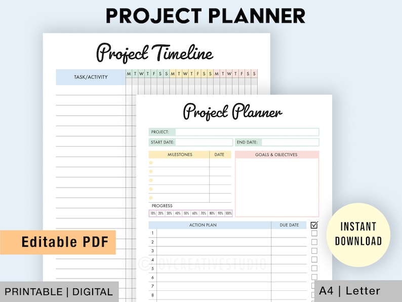 May include: Printable project planner template in A4 or Letter size. The planner includes sections for project timeline, milestones, goals and objectives, progress, and action plan. The template is designed with a light blue, yellow, and pink color scheme.