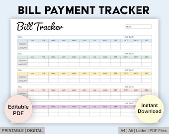 Editable Monthly Bill Tracker | Yearly Bill Planner | Monthly Bill Log | Bill Payment Checklist | Bill Payment Tracker | Printable | Digital