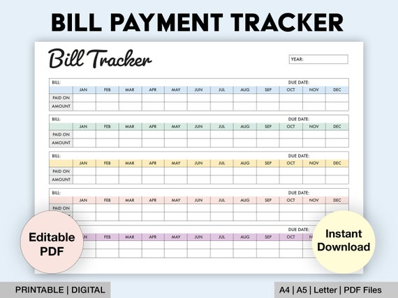 Editable Monthly Bill Tracker | Yearly Bill Planner | Monthly Bill Log | Bill Payment Checklist | Bill Payment Tracker | Printable | Digital
