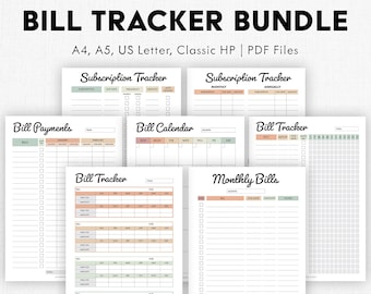 May include: A printable bill tracker bundle with six different templates: Bill Payments, Bill Calendar, Bill Tracker, Monthly Bills, Subscription Tracker (Monthly), and Subscription Tracker (Annual). The templates are designed in a minimalist style with a light brown and green color scheme.
