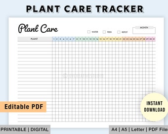 Editable Plant Care Tracker | Monthly Plant Care Tracker | Plant Planner | House Plant Watering Schedule | Plant Feed, Water & Repot Tracker