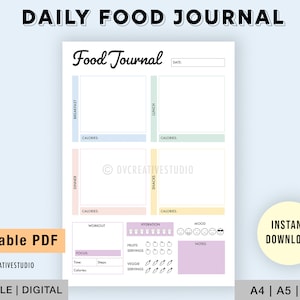 Editable Food Journal | Printable, Digital | Food Diary, Daily Food Journal, Fitness Diet | Meal Journal | Meal Tracker, Calorie Tracker PDF