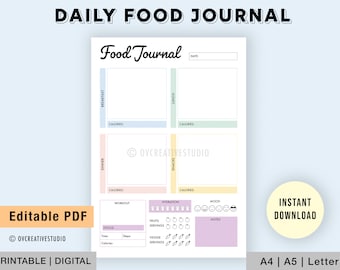 Editable Food Journal | Printable, Digital | Food Diary, Daily Food Journal, Fitness Diet | Meal Journal | Meal Tracker, Calorie Tracker PDF
