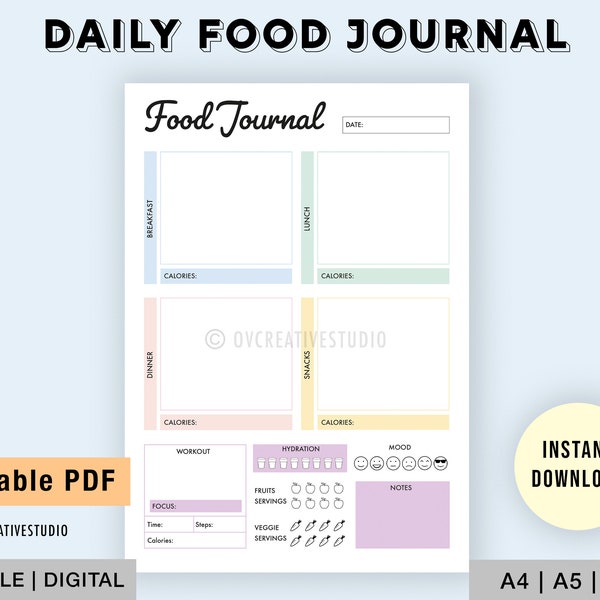 Editable Food Journal | Printable, Digital | Food Diary, Daily Food Journal, Fitness Diet | Meal Journal | Meal Tracker, Calorie Tracker PDF