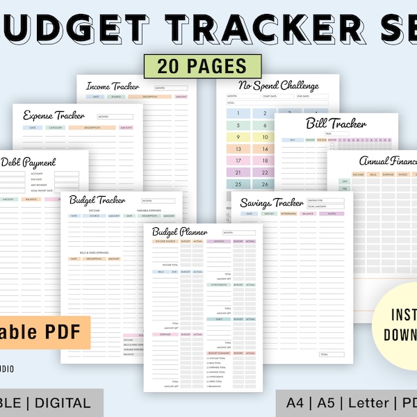 Editable Budget Tracker Set | Printable | Income, Expense Tracker, Bill Tracker, Savings Tracker, Annual Finance, Debt Payment Tracker | PDF